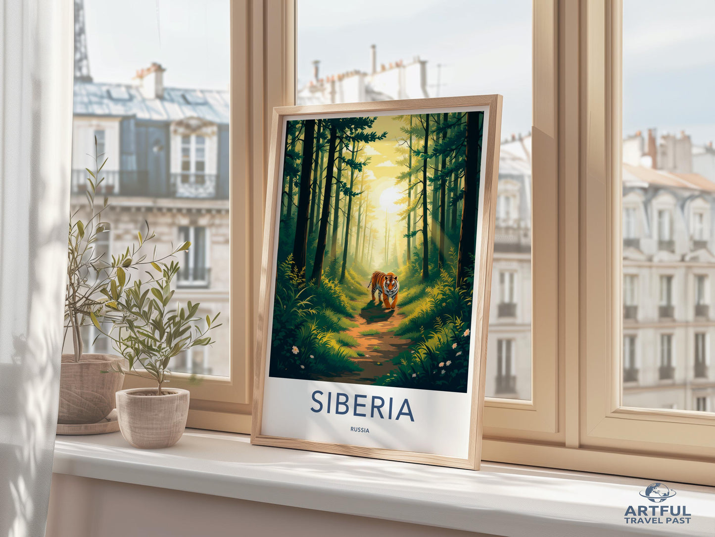 Siberia Travel Poster, Vintage Animal Art Print, Tiger in Forest Decor, Nature Wall Art, Home Office Decoration, Wildlife Artwork