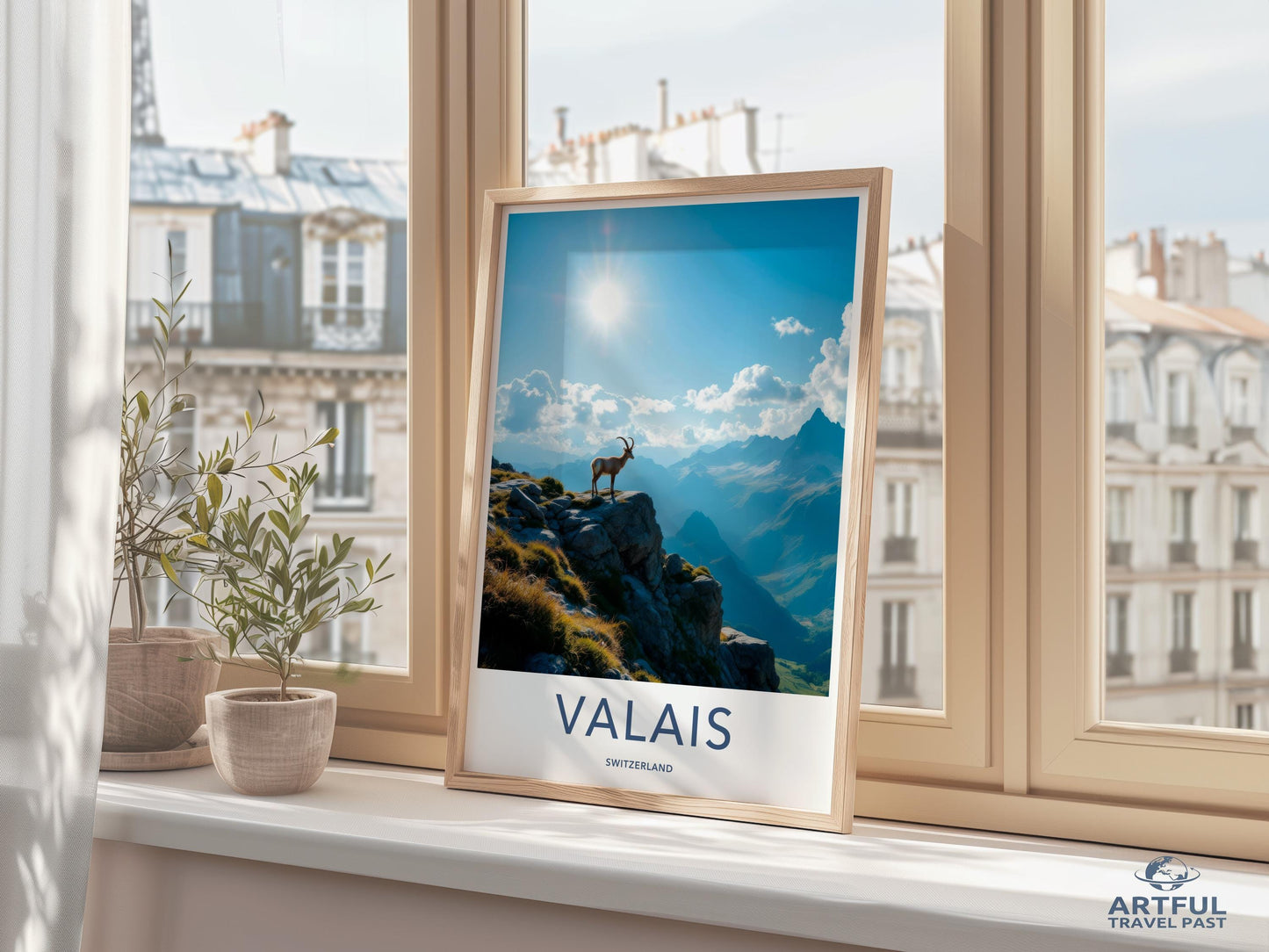 Valais Switzerland Travel Poster, Alpine Art Print, Mountain Goat Wall Art, Swiss Landscape Decor, Nature Photography