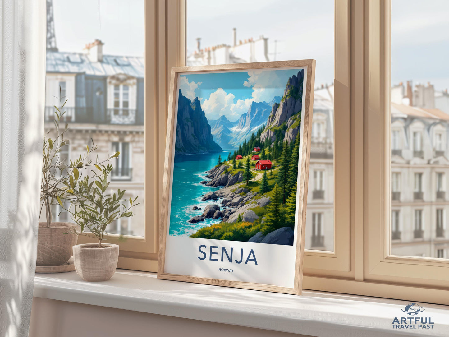Senja Norway travel poster, Scandinavian landscape wall art print, Coastal scenery decor, Adventure print for home office