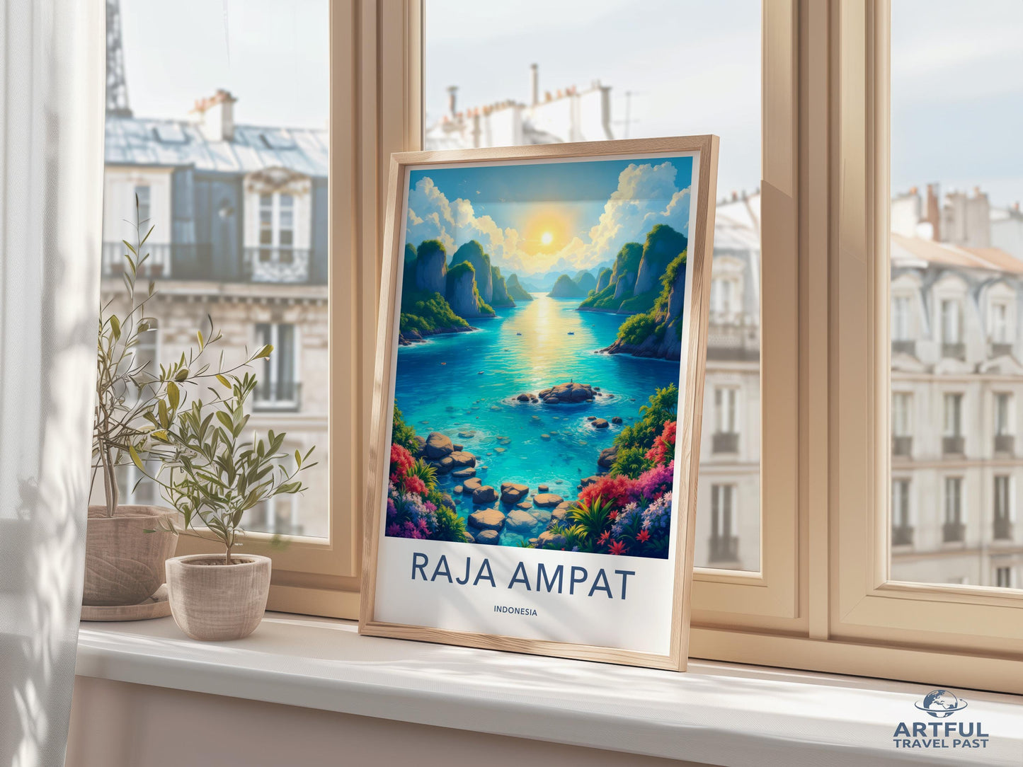 Raja Ampat Indonesia travel poster, Scenic sunrise wall art, Vibrant landscape decor, Nature lovers gift, Ocean view artwork