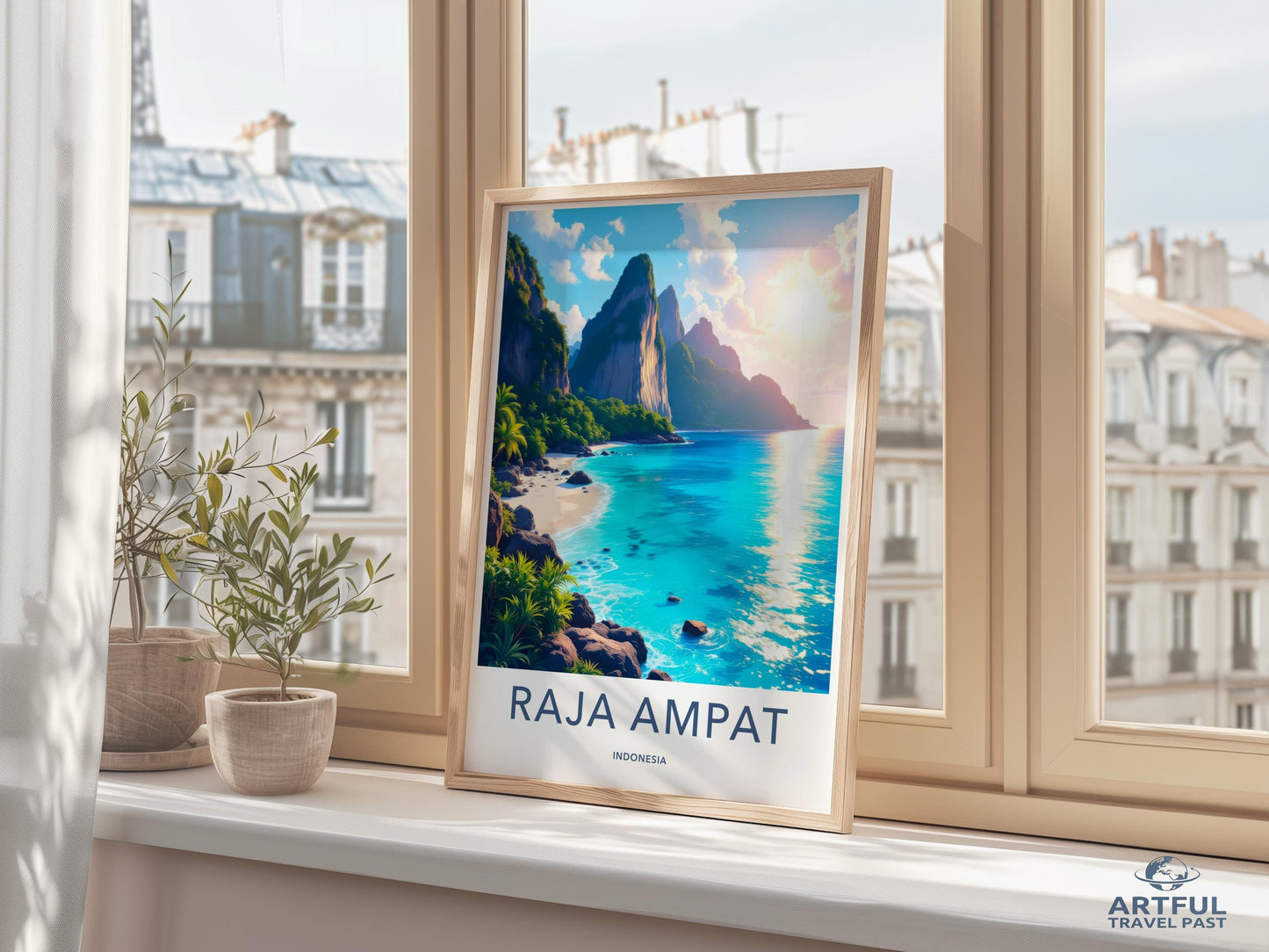 Raja Ampat Travel Poster, Coastal Landscape Wall Art, Indonesia Beach Print, Tropical Seascape Decor, Vacation Destination Artwork