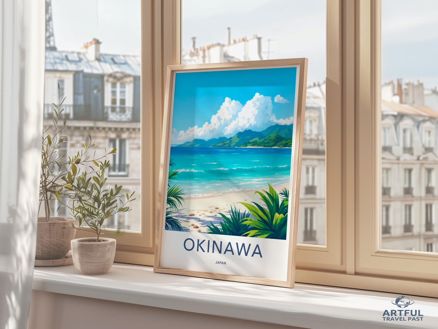 Okinawa Travel Poster, Beach Landscape Print, Coastal Wall Art, Scenic Seaside Decor, Tropical Vacation Illustration, Ocean View Artwork