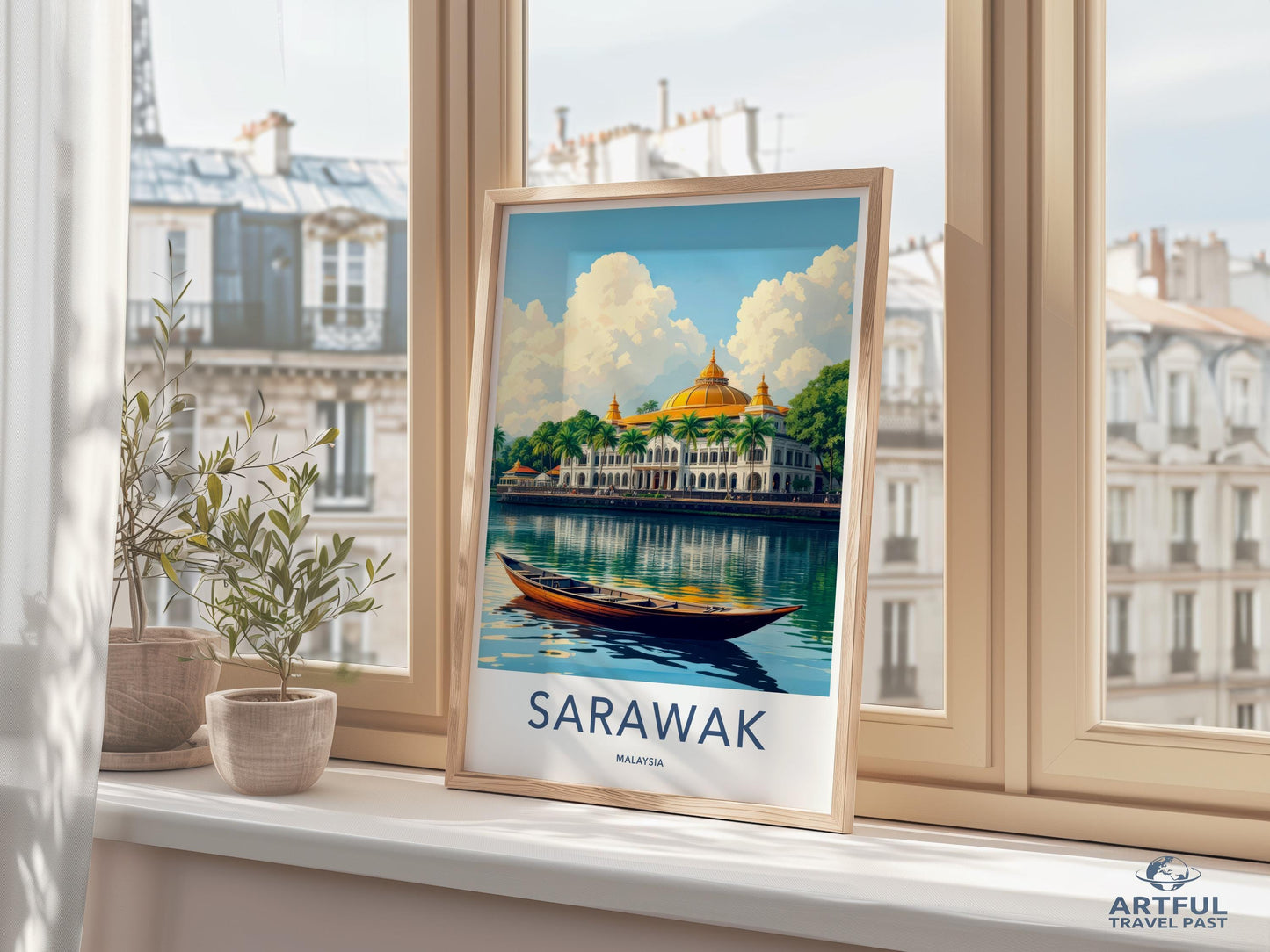 Sarawak Malaysia Travel Poster, Scenic Wall Art, Vintage-Style Print, Adventure Decor, Boating Landscape Illustration