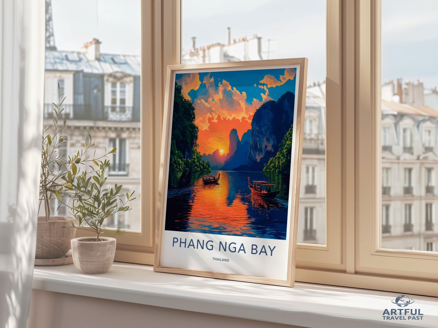 Phang Nga Bay art print, sunset landscape wall decor, travel poster, coastal scenery painting, Thailand artwork