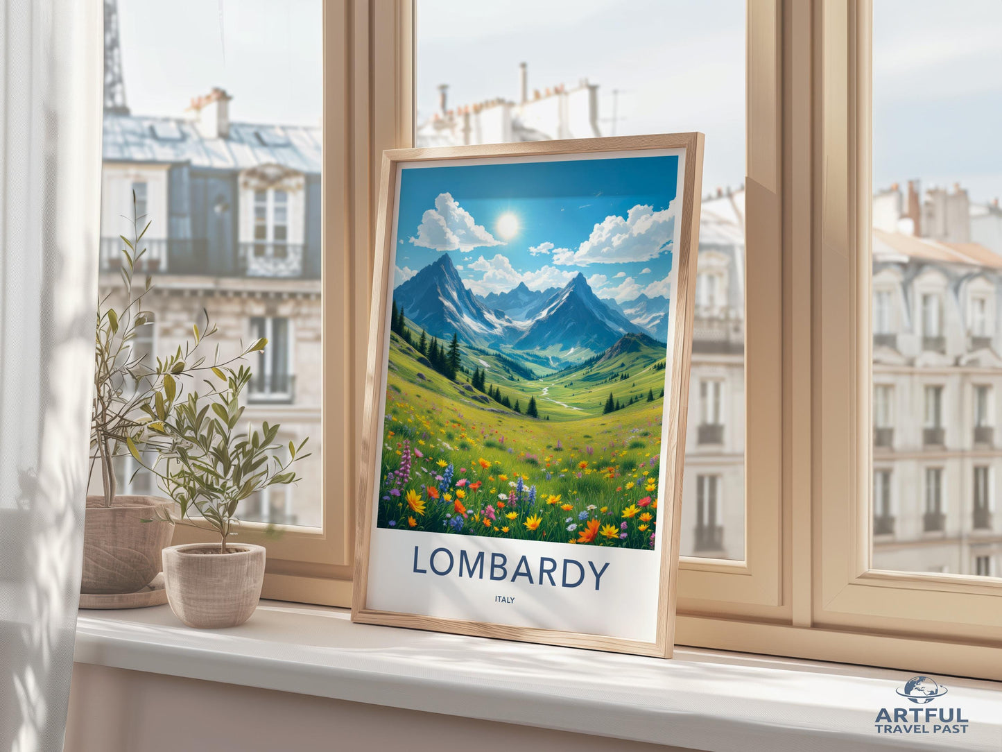 Lombardy Travel Poster, Italy Wall Art, Scenic Mountain Landscape Print, Artful Travel Past Décor, Home Office Decoration, Gift Idea