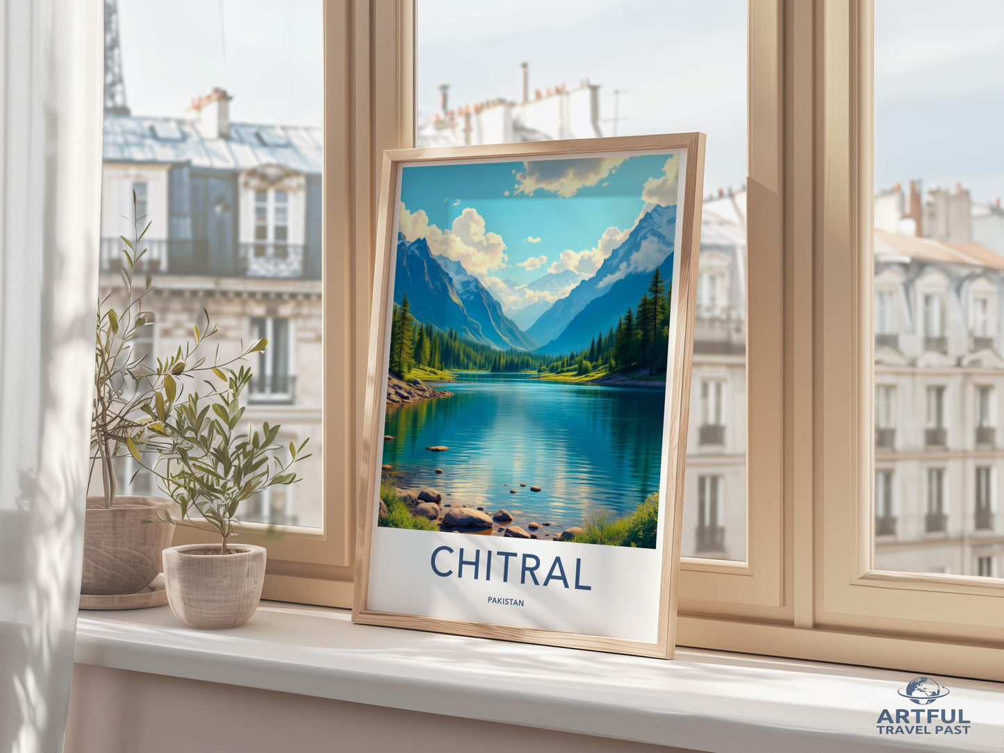 Chitral travel poster, scenic mountain lake art, Pakistani landscape print, nature wall decor, framed art for home
