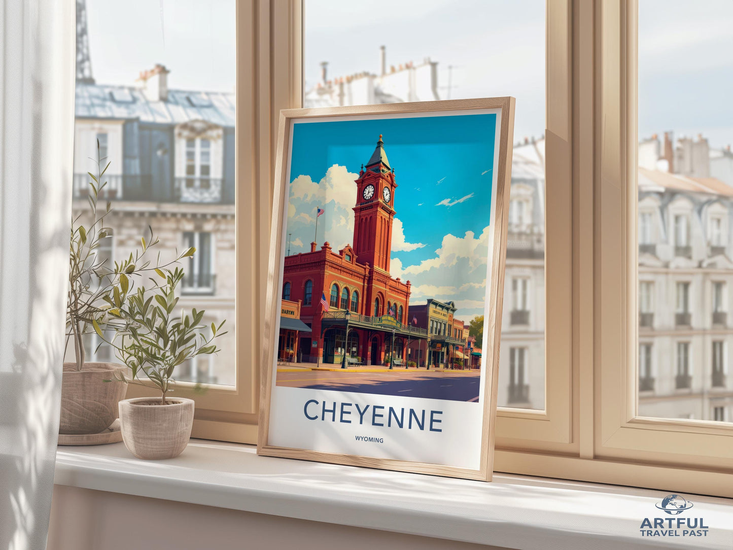 Cheyenne wall art, Wyoming cityscape print, Travel poster decor, Vintage style city landmark, Colorful home decor, Artful Travel Past