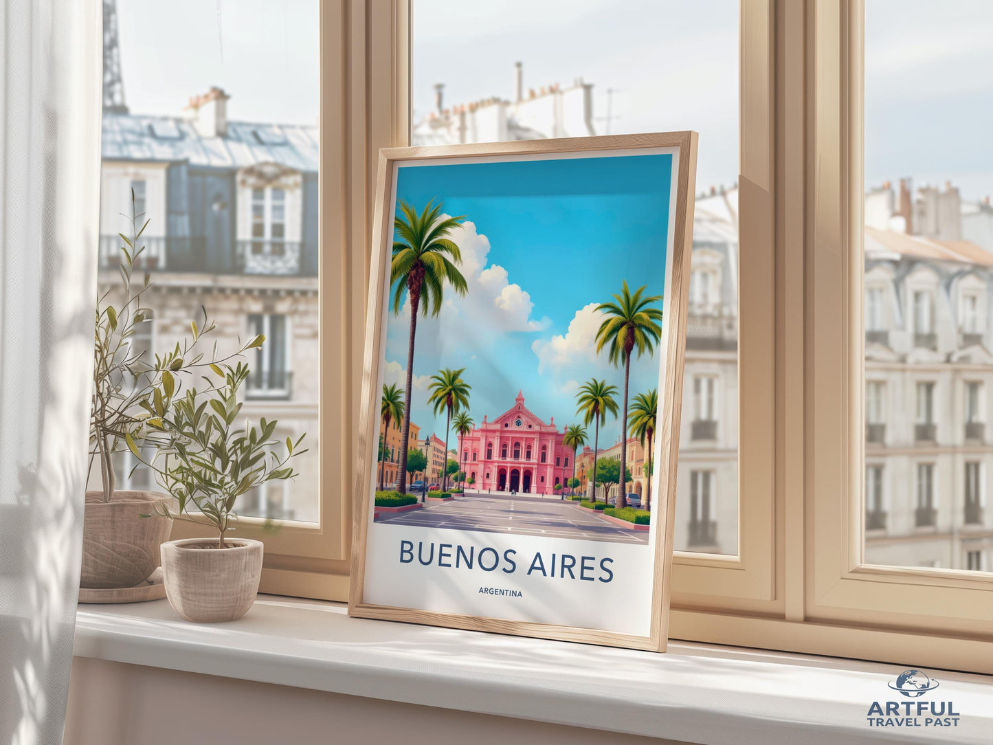 Buenos Aires travel poster, Argentina wall art, vintage style print, cityscape decor, tropical palm trees, vibrant colors