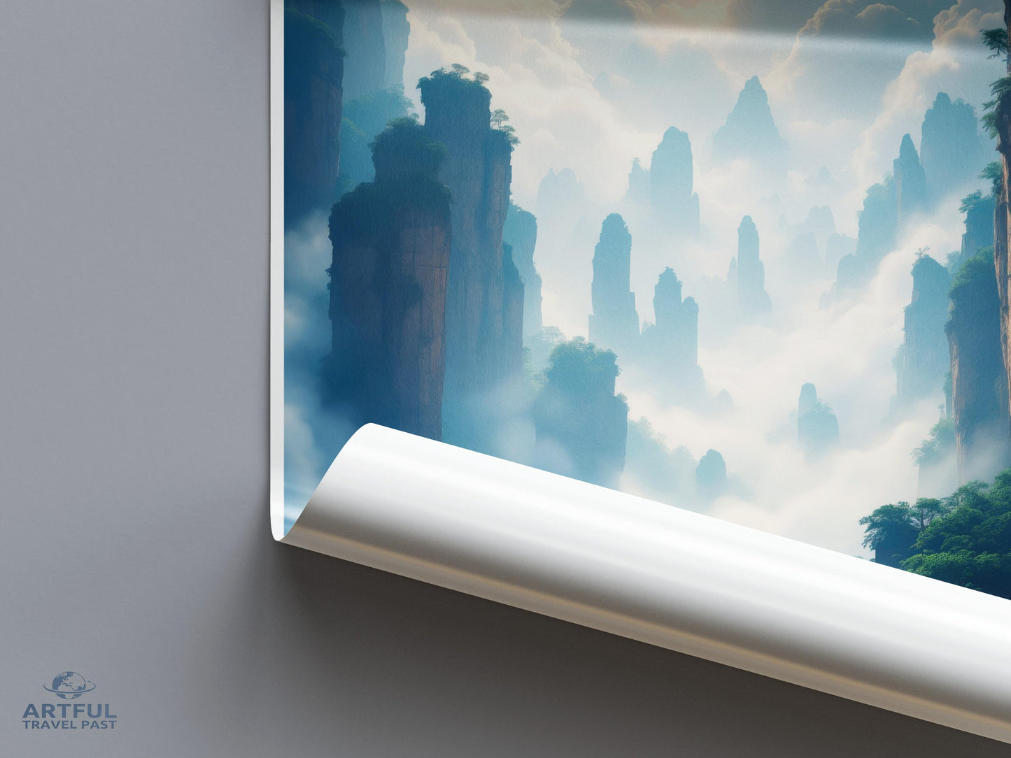 Scenic Mountain Wall Art Print, Nature Landscape Poster, Dreamy Misty Peaks, Serene Home Decor, Artful Travel Past Artwork