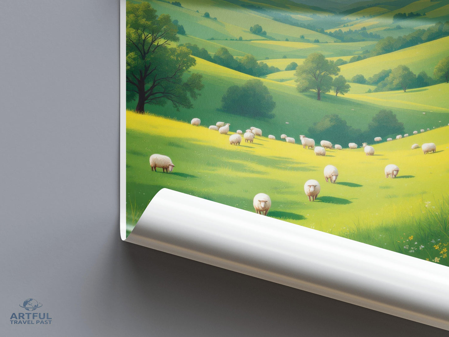 Pastoral Landscape Poster, Rolling Hills with Sheep Print, Countryside Art Decor, Wall Art for Living Room, Nature Inspired Poster