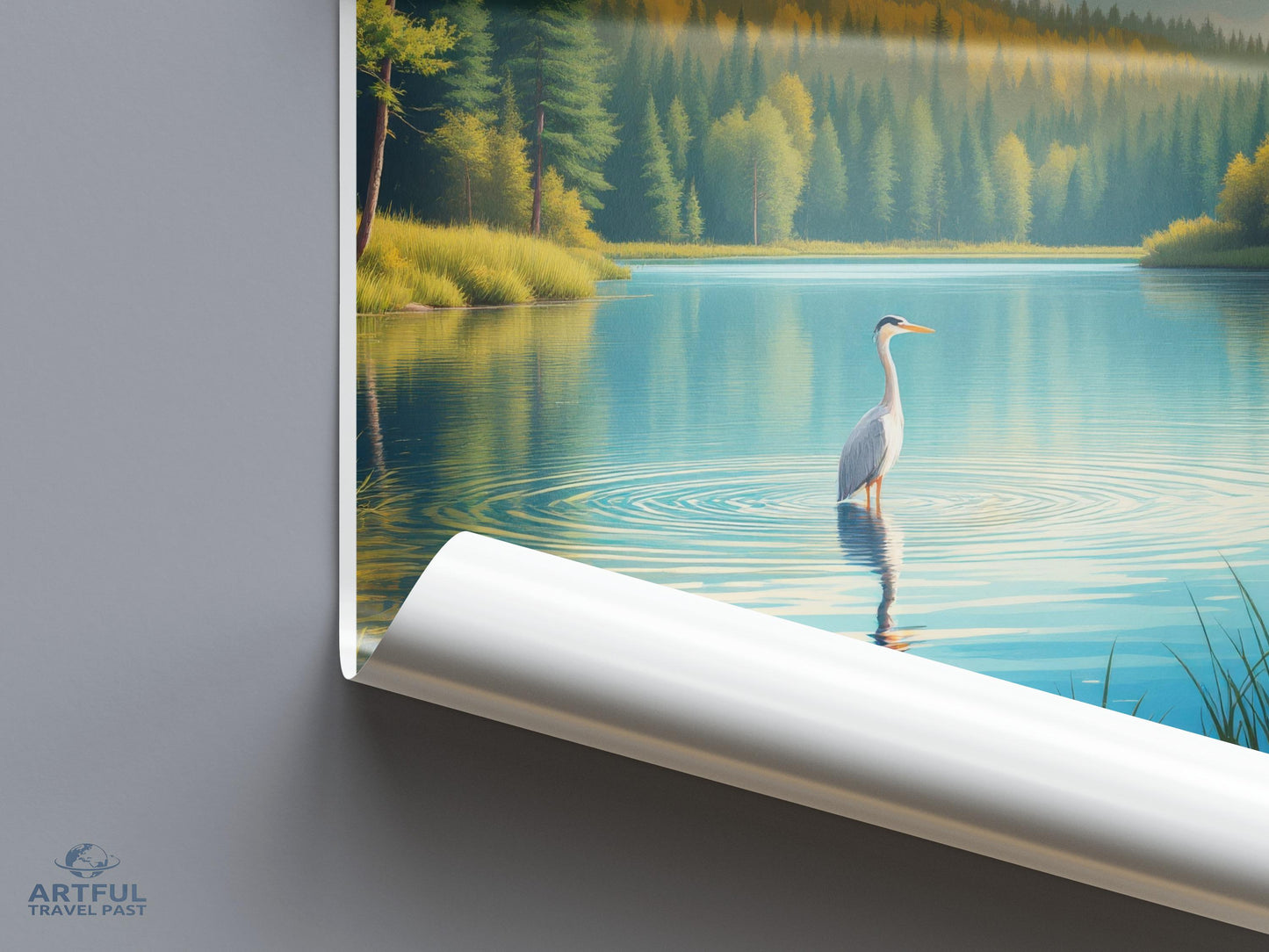 Serene Lake Poster, Heron in Tranquil Water Print, Forest Landscape Wall Art, Nature Inspired Home Decor, Scenic Wall Print