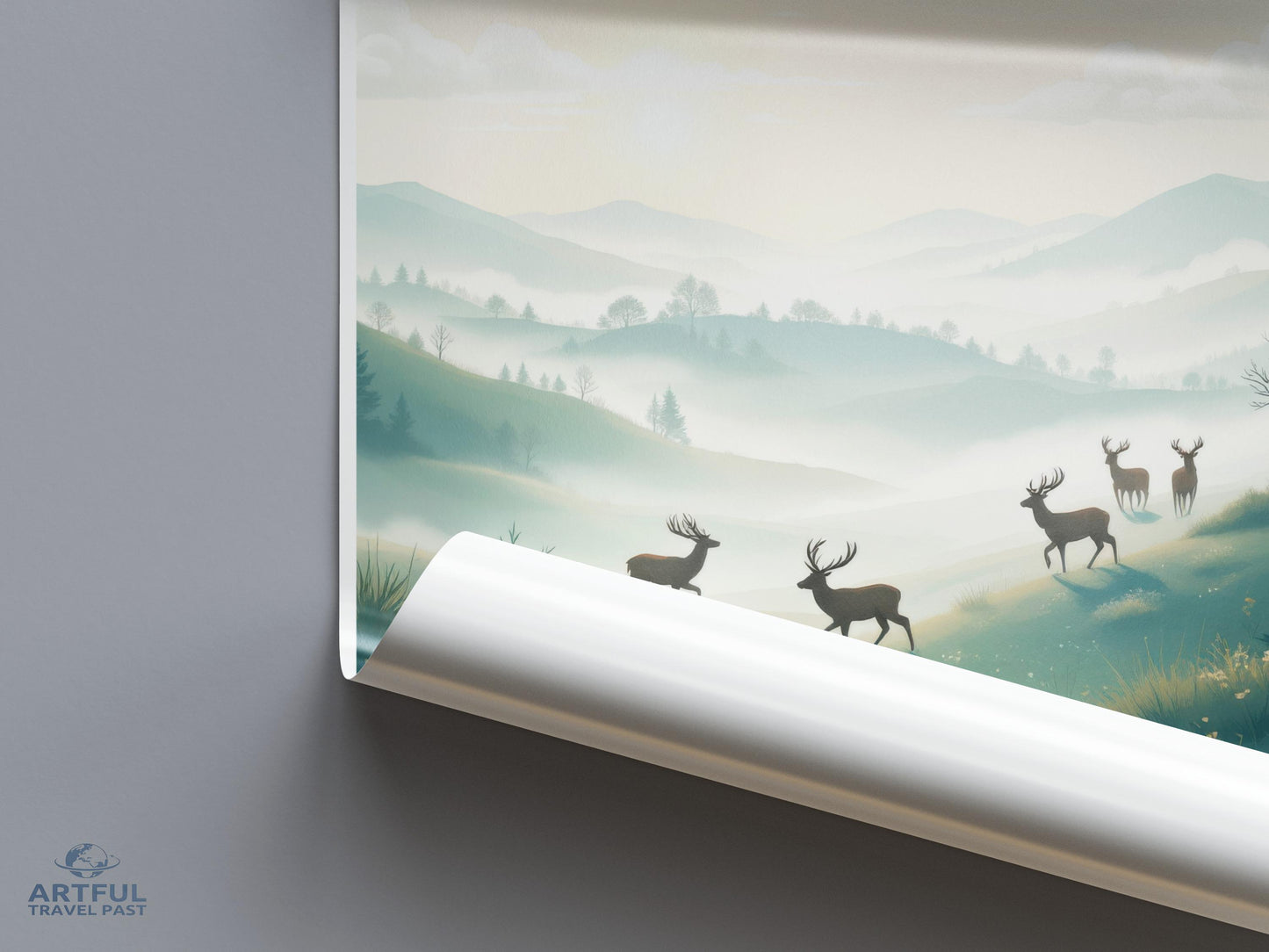 Scenic Hills and Deer Wallpaper, Nature Landscape Wall Art, Misty Mountains and Wildlife Decor, Forest Scenery Mural for Home