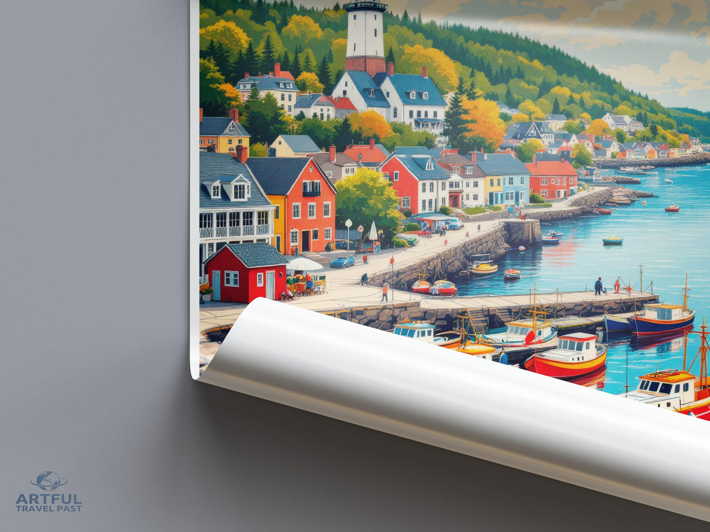 Coastal Town Poster, Harbor Wall Art, Colorful Landscape Print, Nautical Home Decor, Seaside Artwork, Scenic Coastal Illustration