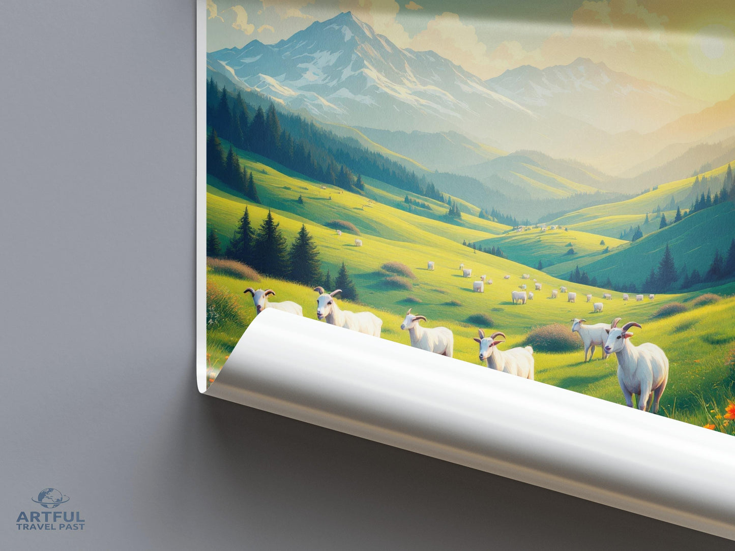 Mountain landscape art print, pastoral scenery wall decor, sheep in meadow poster, nature-inspired home decoration, travel wall art