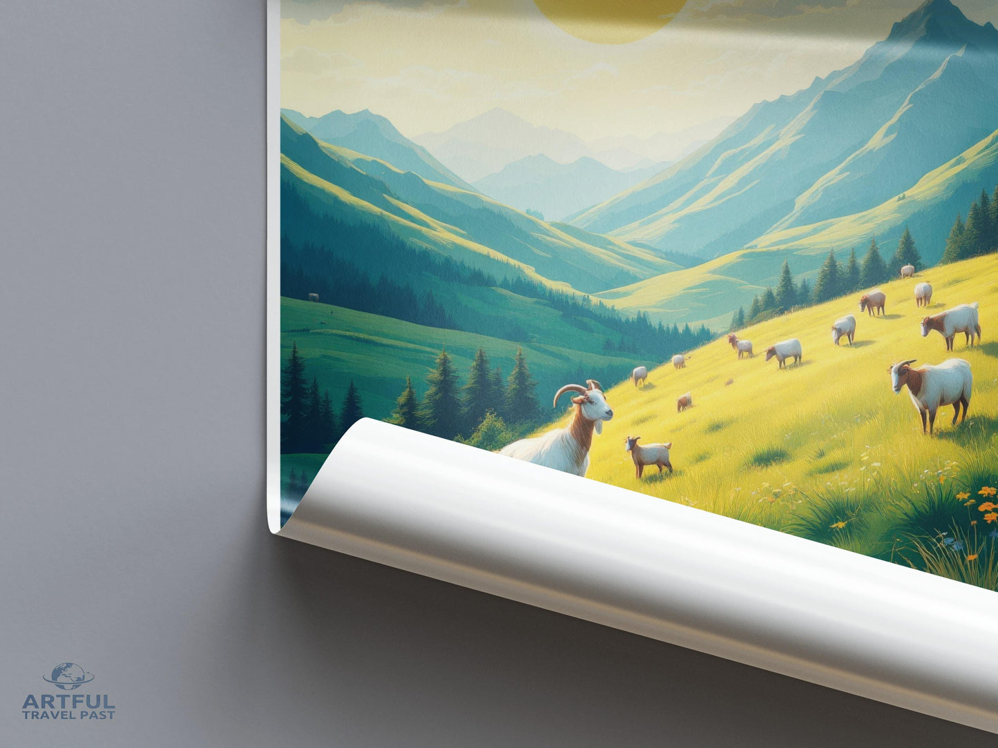 Scenic Mountain Valley with Grazing Sheep Poster, Serene Landscape Wall Art, Pastoral Nature Scene Print, Countryside Home Decor