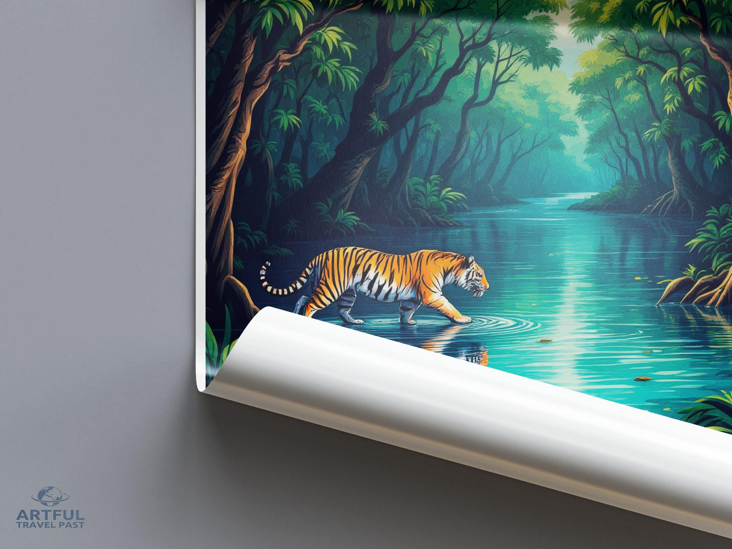 Tiger Jungle Landscape Poster, Nature Wildlife Scene Wall Art, Forest River Artwork Print, Animal Decor for Living Room, Office Decor