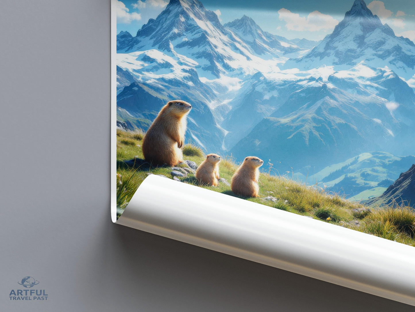 Mountain Views with Wildlife Poster, Nature Scene Wall Art, Alpine Landscape with Animals Print, Scenic Decor for Home