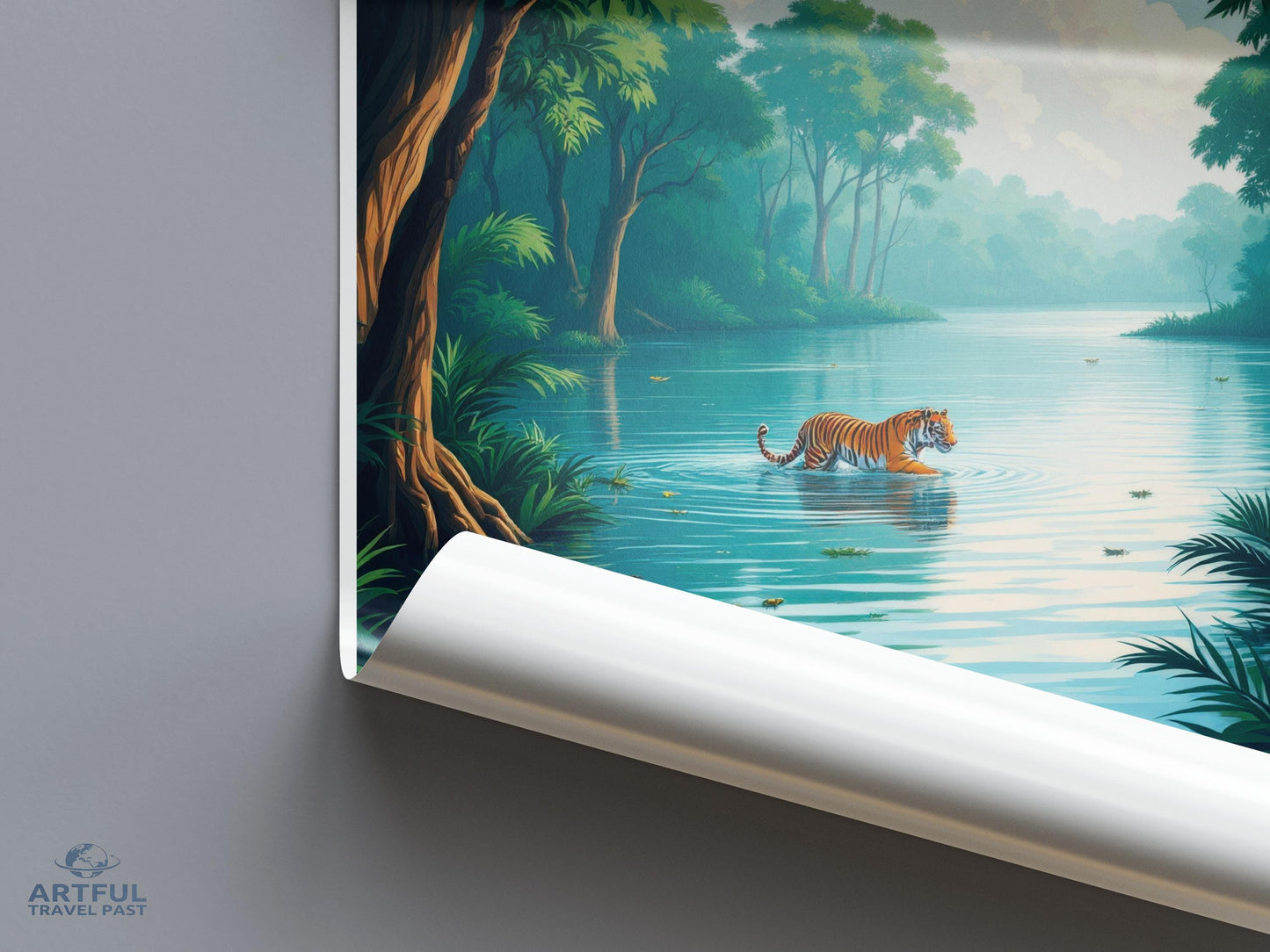 Tiger in Serene Jungle Landscape Art Print, Nature Wall Decor, Exotic Wildlife Poster, Scenic Forest Artwork for Home Office