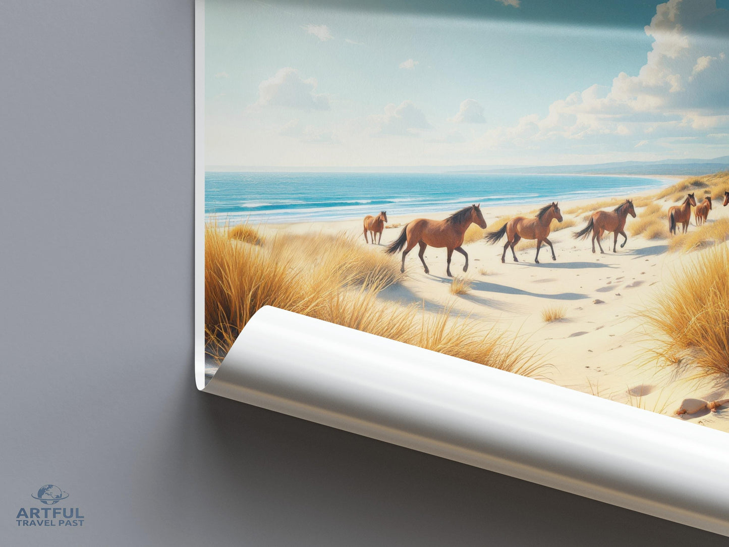 Wild Horses Beach Landscape Poster, Coastal Wall Art, Nature Print, Horse Photography, Seaside Decor, Ocean View, Home Decoration