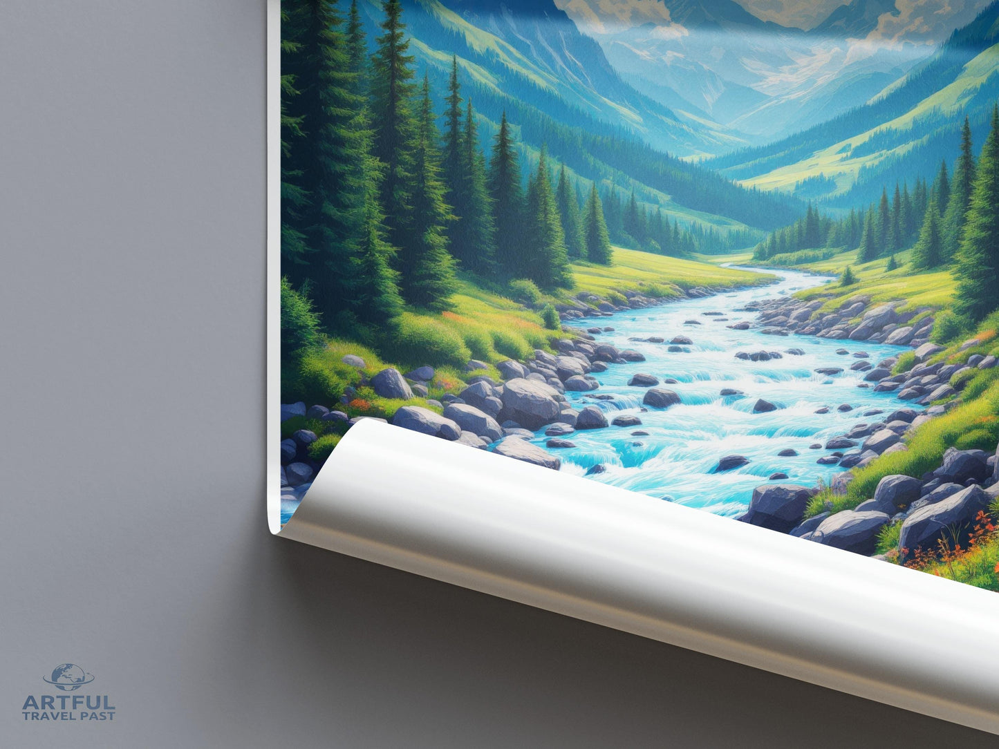 Scenic Mountain River Art Print, Wall Decor With Flowing Stream And Pine Trees, Nature Landscape Poster, Artwork For Home Or Office
