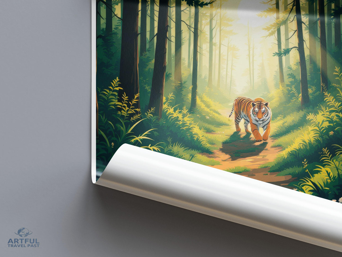 Tiger in Forest Print, Wildlife Art Poster, Nature Wall Decor, Jungle Theme Artwork, Animal Lovers Gift, Home Office Decoration