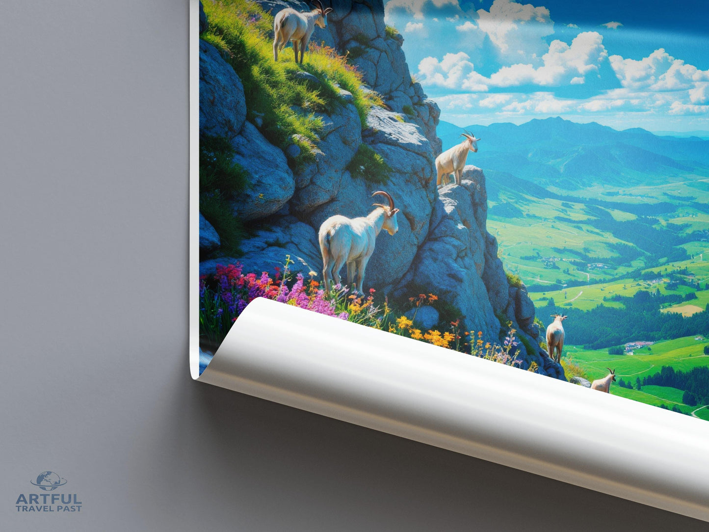 Scenic Mountain Landscape Poster with Goats, Vibrant Nature Wall Art, Beautiful Countryside View Print, Poster for Living Room Decor