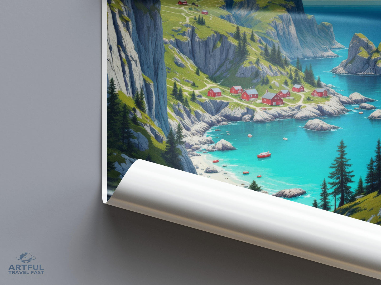 Stunning Coastal Landscape Wall Poster, Vibrant Seaside Village Art Print, Beach and Mountain Scenery Home Decor, Nature Artwork