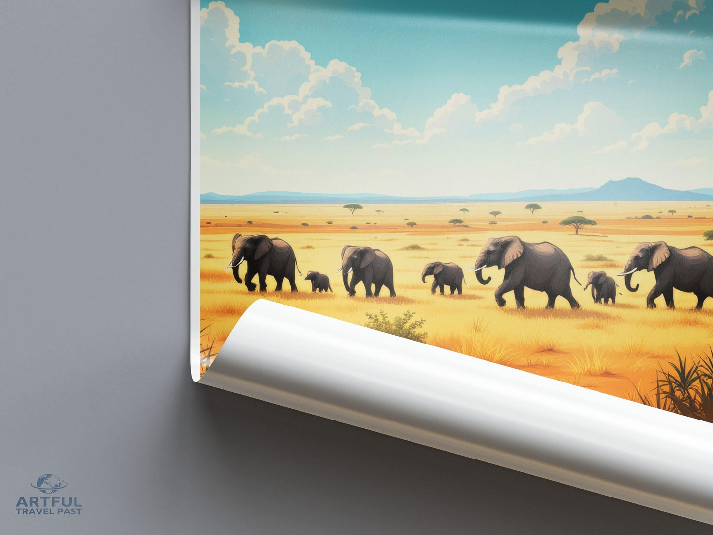 Elephant Safari Wall Art, African Wildlife Landscape Poster, Nature Scenic Print for Home, Animal Photography Decor, Artful Travel Past