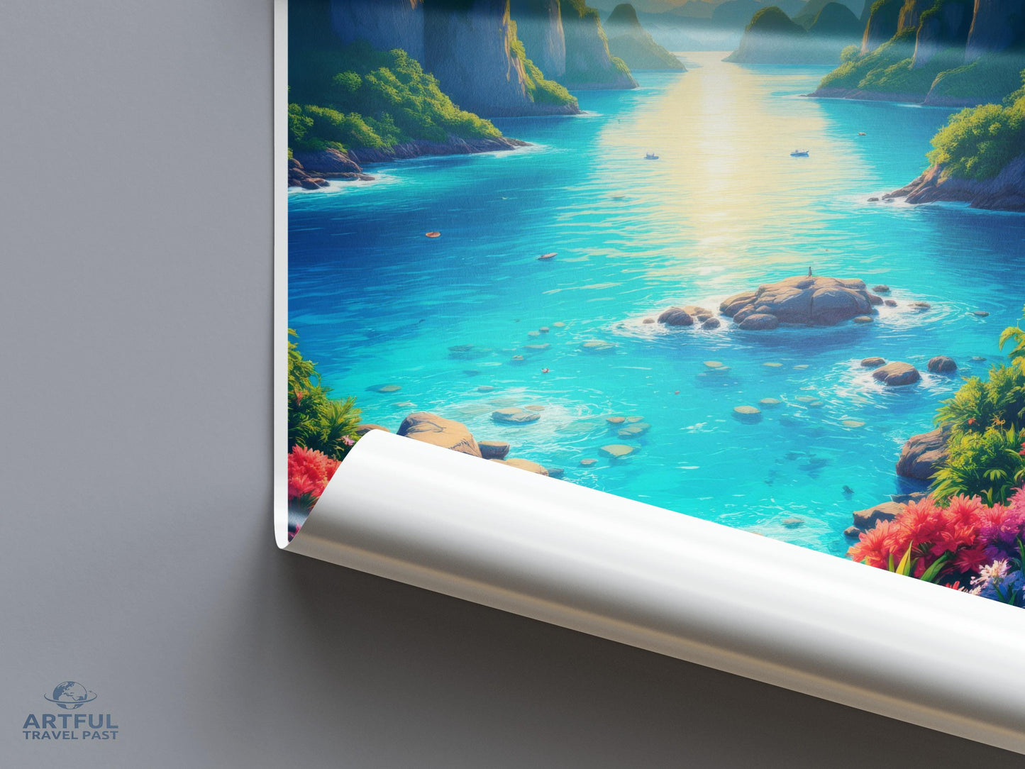 Wall art poster, tropical paradise beach landscape print, serene ocean view decor, coastal scenery illustration, vibrant nature artwork