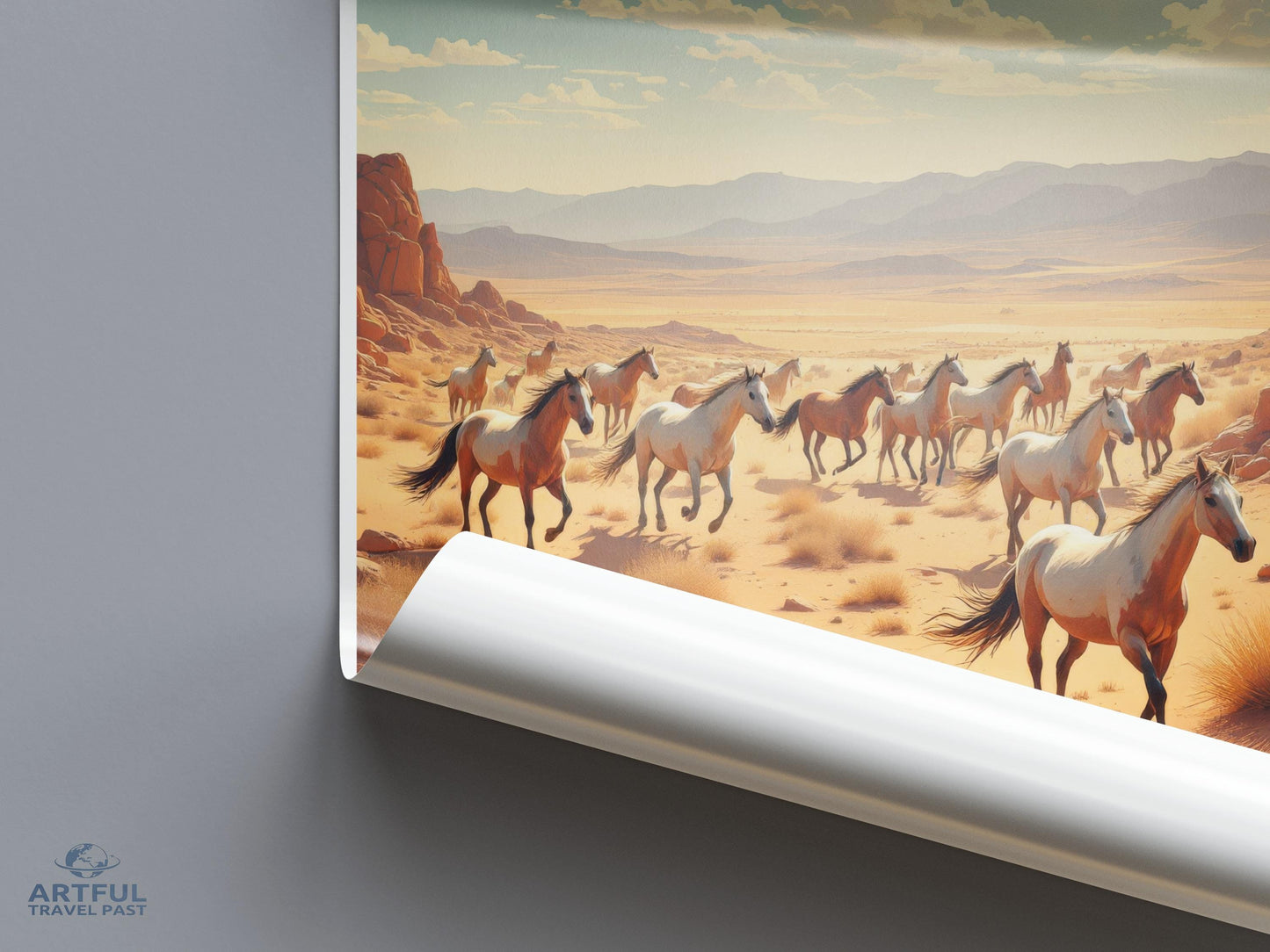 Wild Horses Desert Landscape Art Print, Animal Wall Art, Scenic Western Poster, Nature Photography Decor, Living Room Artwork