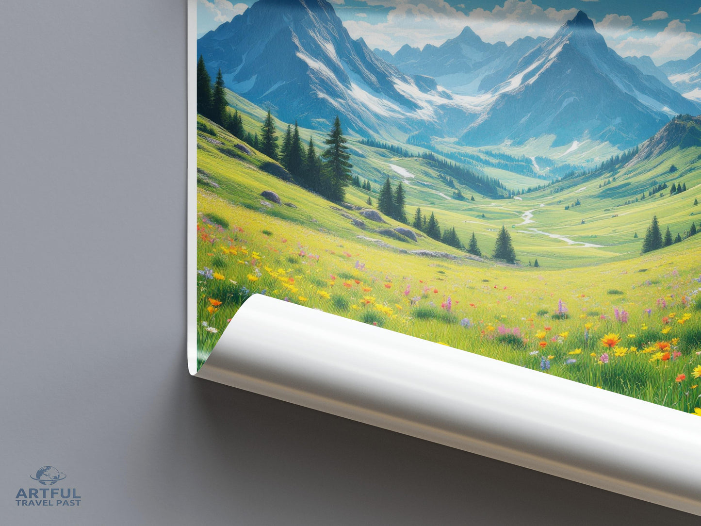 Mountain Landscape Poster, Scenic Nature Wall Art, Alps Valley Print, Home Decor, Green Meadow Artwork, Wall Hangings