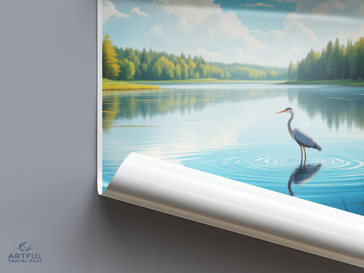 Landscape Nature Print, Serene Lake Poster, Heron Wall Art, Tranquil Scenery Decor, Peaceful Wilderness Image, Relaxing View Artwork
