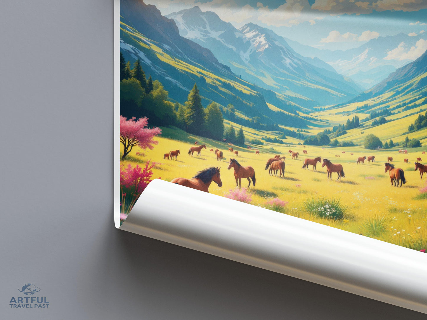 Scenic Mountain Valley Poster, Horses and Nature Wall Art, Vibrant Landscape Print, Perfect for Home Decor, High-Quality Artwork
