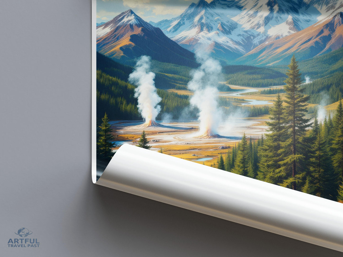 Yellowstone National Park Print, Geysers and Mountains Wall Art, Nature Landscape Poster, Scenic Travel Decor, Adventure Artwork