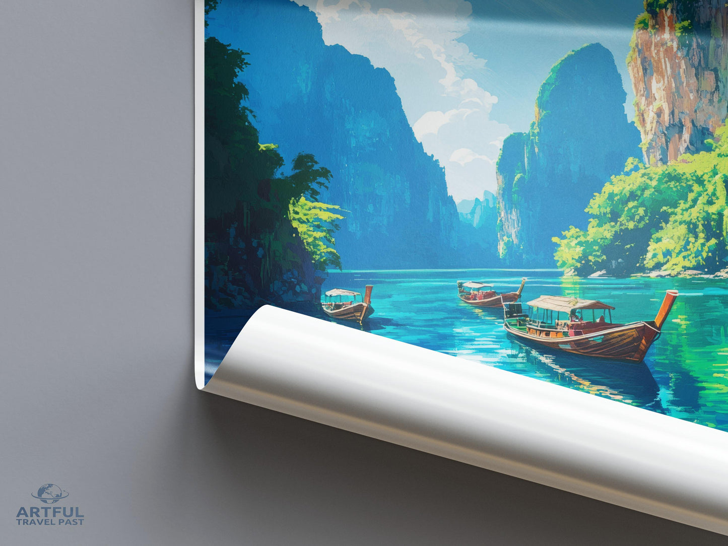 Scenic landscape art print, Boat and river poster, Nature wall decor, Beautiful mountain view, Travel destination artwork