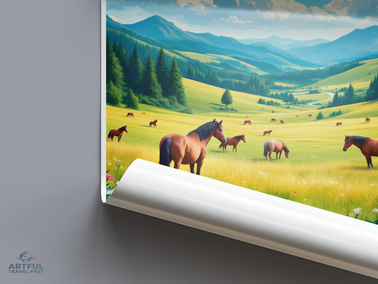 Horses in Meadow Poster, Scenic Landscape Art Print, Nature Wall Decor, Animal Lovers Gift, Equestrian-Themed Home Decor
