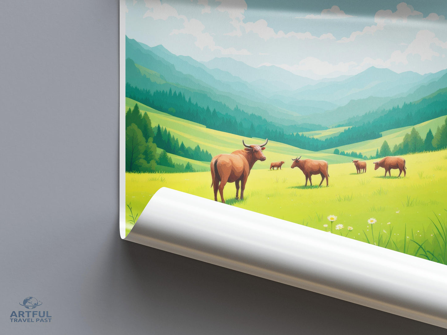 Scenic mountain landscape wall art, Highland cattle meadow poster, Countryside nature print, Green valley view decor