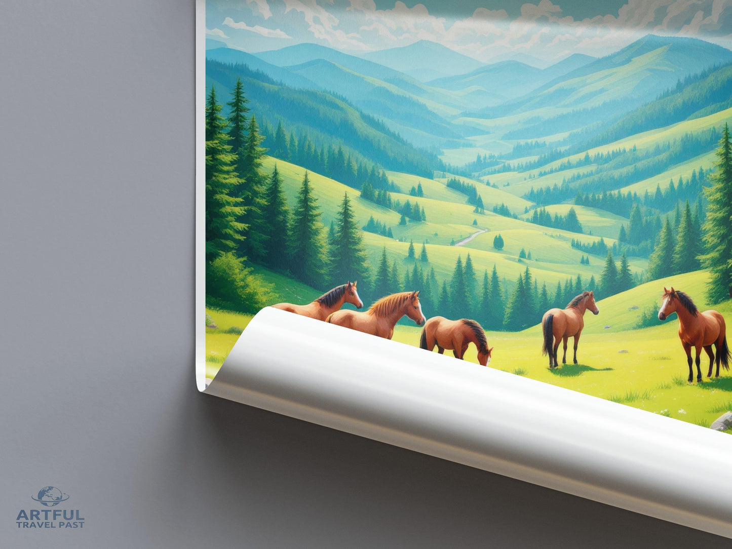 Scenic Mountain Valley Poster, Horses Artwork Print, Nature Landscape Illustration, Home Decor Wall Art, Peaceful Countryside Scene
