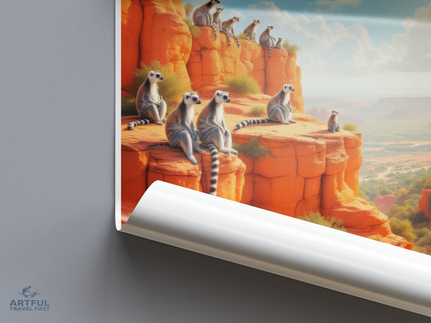 Surreal Lemurs on Rocky Cliffs Art Print, Unique Wildlife Wall Art, Nature Inspired Decor, Dreamy Lemur Landscape Poster