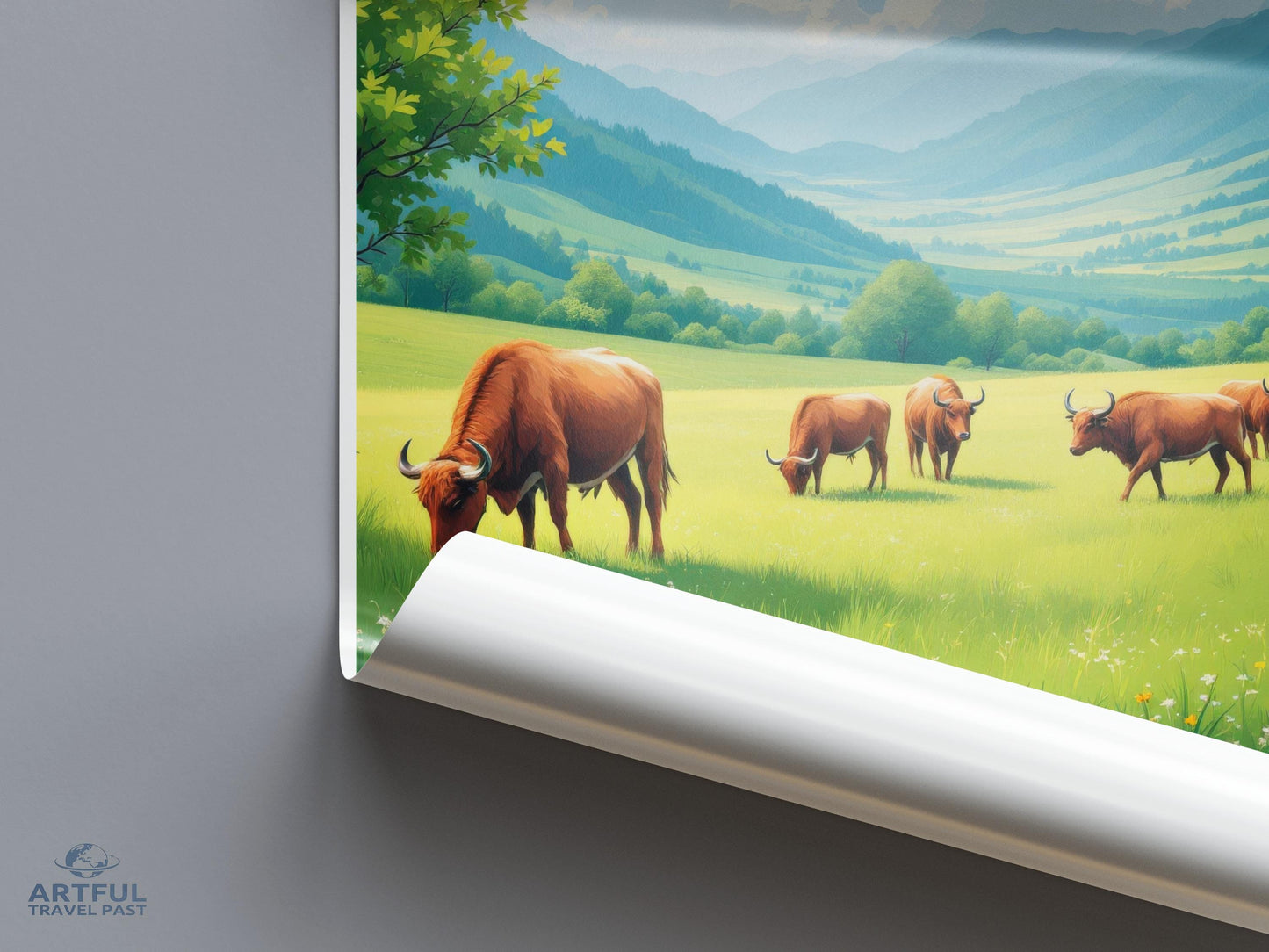 Beautiful Mountain Landscape Wall Art, Large Farm Animals Poster, Rustic Countryside Print, Ideal Home Decor, Sunrise Pastoral Scene