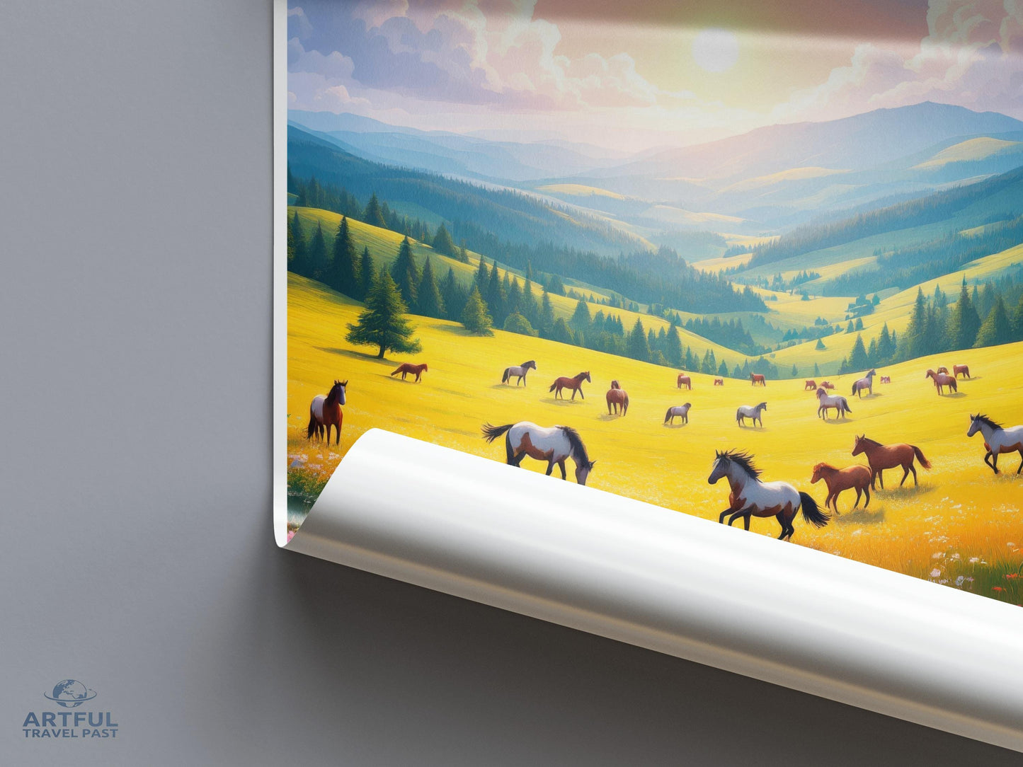 Horses in Meadow Wall Art, Landscape Print, Scenic Hills, Nature Decor, Pastoral Scene, Equestrian Artwork, Colorful Countryside
