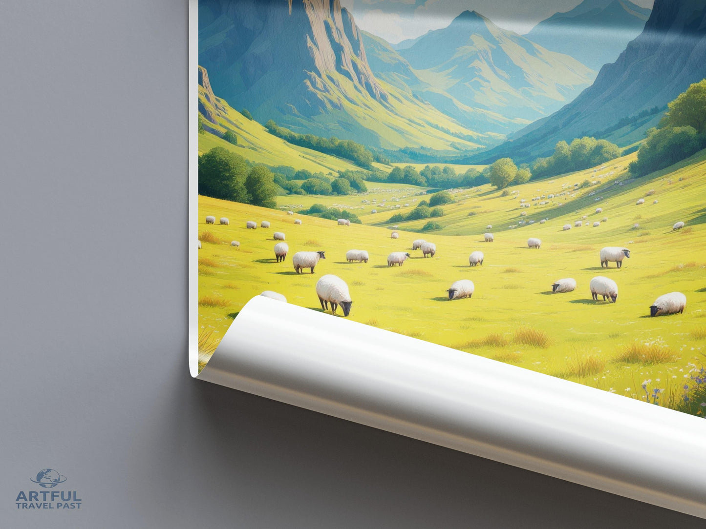 Scenic countryside landscape poster, wall art print, home decor, nature illustration, serene sheep meadow, mountain view