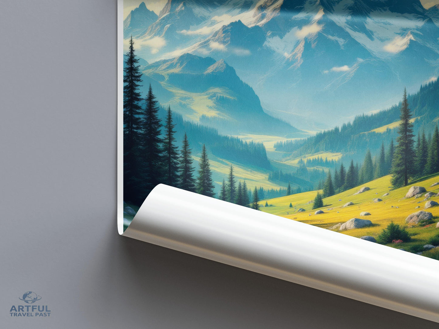 Scenic mountain landscape poster, nature wall art, serene forest valley print, large panoramic photo, home decor, ready to hang