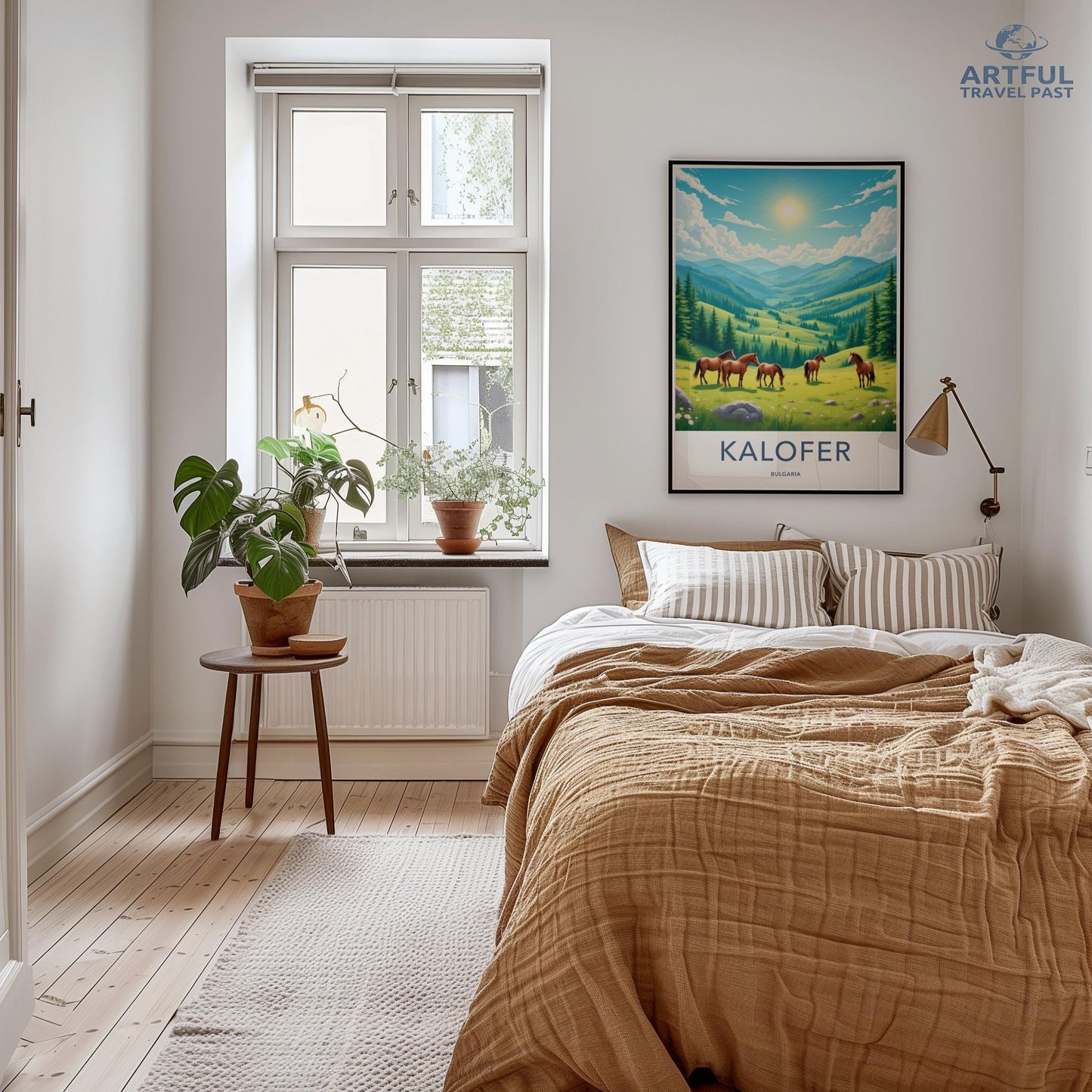 Bedside table with plants, cozy bedroom decor, grey window frame, beige and white striped bedding, nature wall art, calm interior design