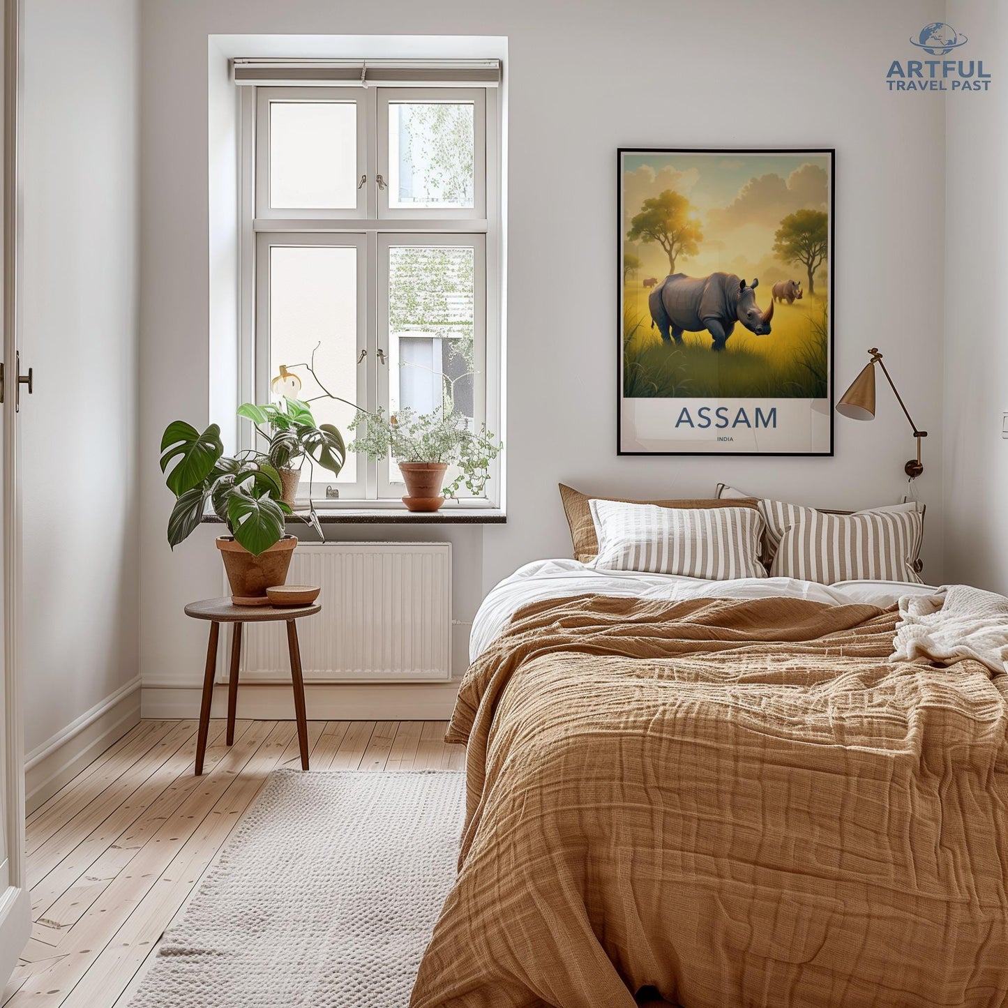 Vintage Assam Travel Poster, Wildlife Art Print, Rhinoceros Illustration, Wall Decor, Nature Lover Gift, Home Accent, Bedroom Art