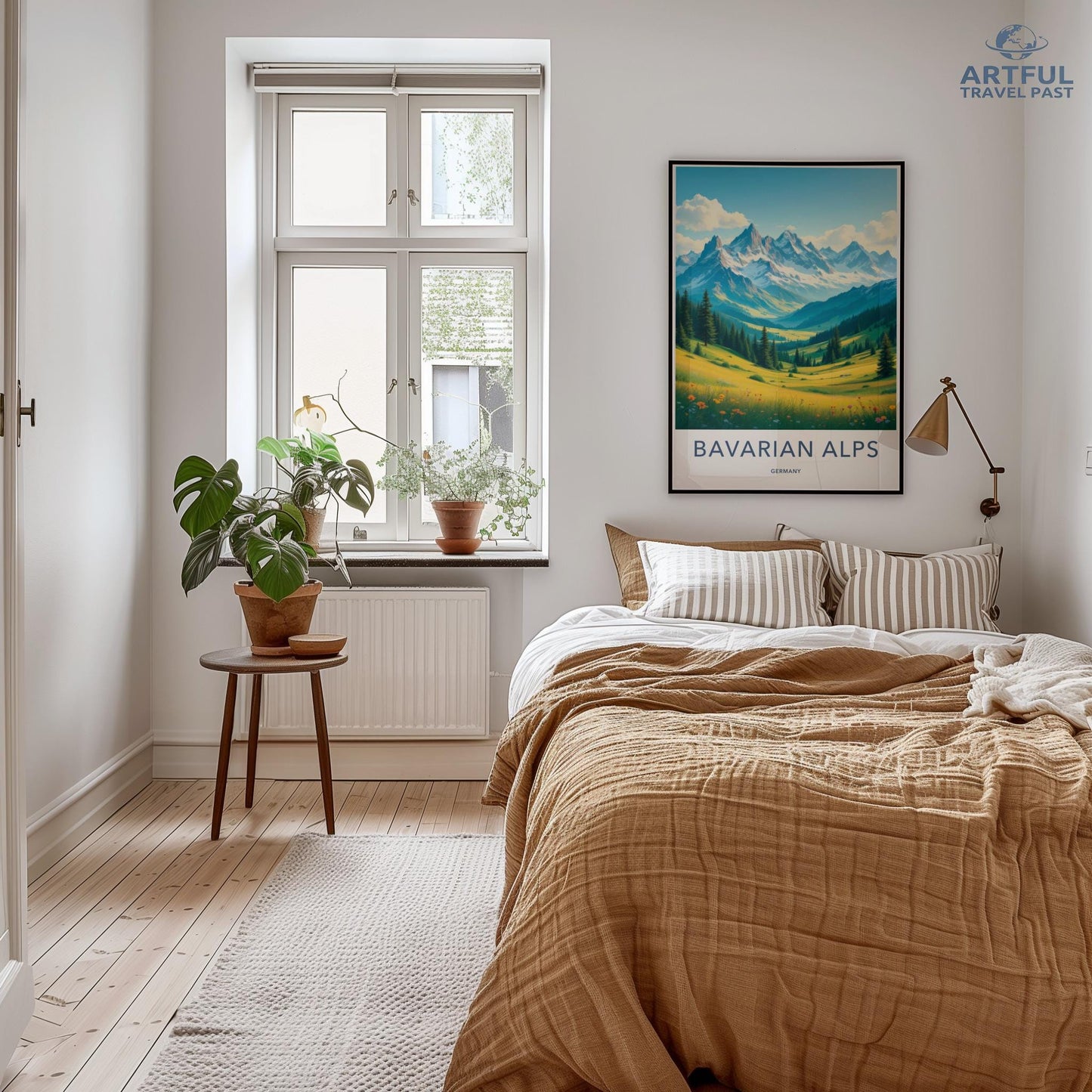 Bavarian Alps Travel Poster, Vintage Mountain Art Print, Nature Wall Decor, Scenic Bedroom Artwork, Landscape Bedroom Poster