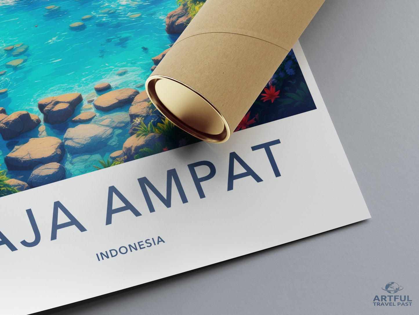 Raja Ampat travel poster, Indonesia print wall art, tropical beach artwork, travel decor for home, ocean scene illustration