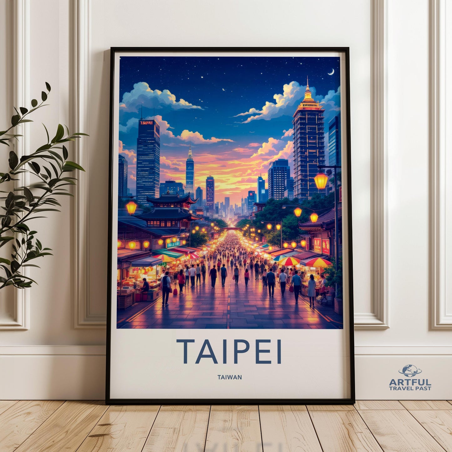 Taipei skyline wall art print, vibrant cityscape poster, night market scene art, Taiwan travel decor, city lights artwork