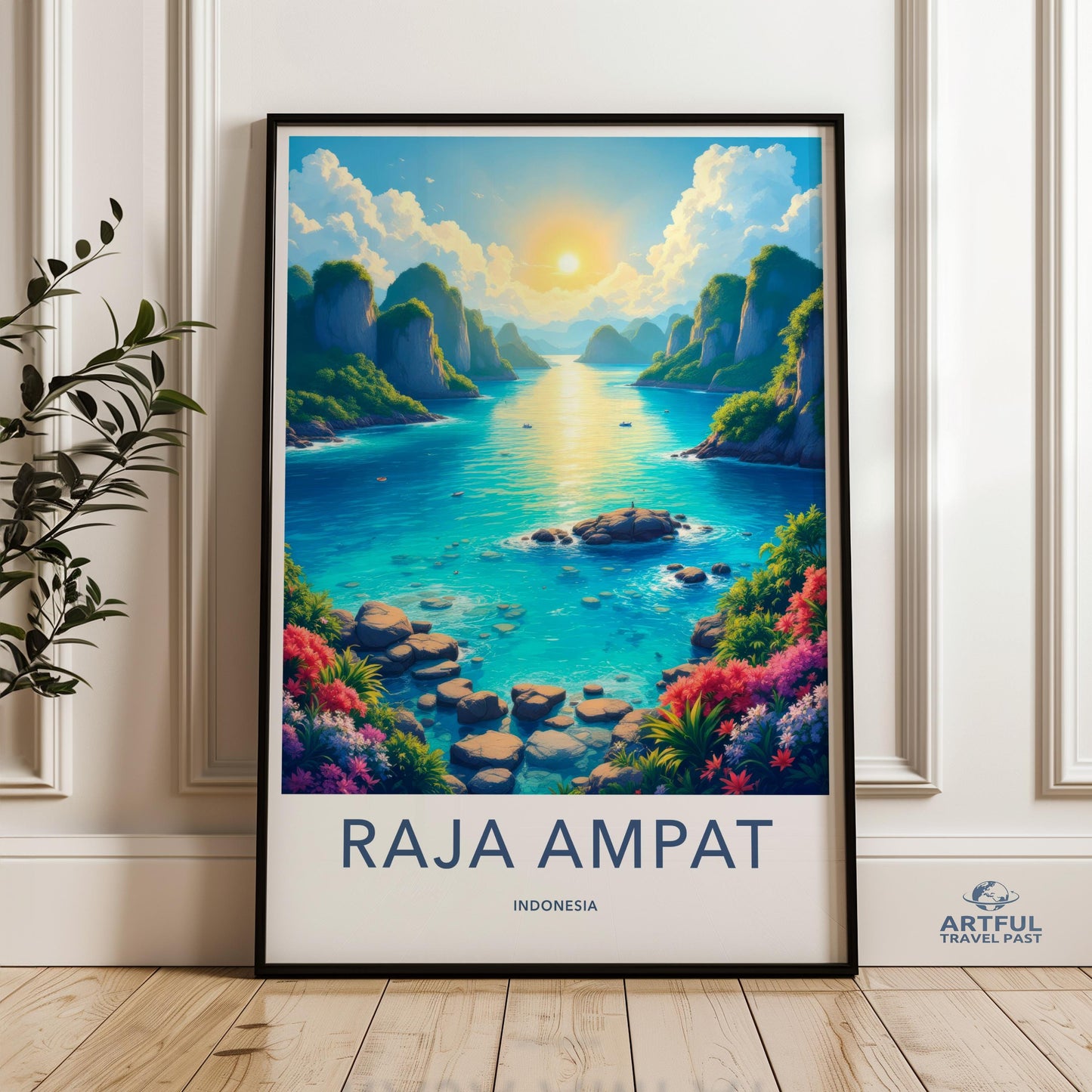 Raja Ampat Indonesia Travel Poster, Scenic Tropical Beach Wall Art, Nature Landscape Wall Decor, Colorful Sunset Print