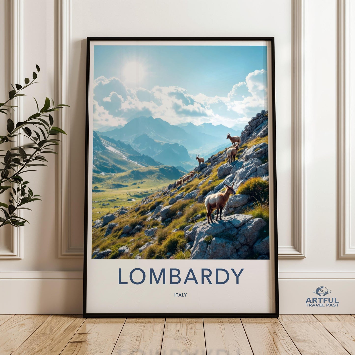 Lombardy Italy wall art, Mountain goats nature scene, Italian Alps photography print, Scenic wildlife home decor
